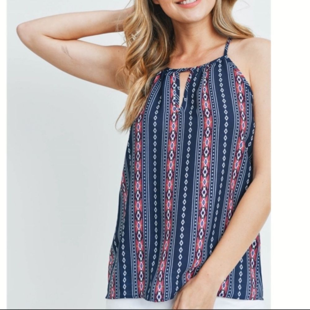 Renee C Square Top Sz Large Neckline Printed Tank Relaxed Fit Keyhole NWOT USA
